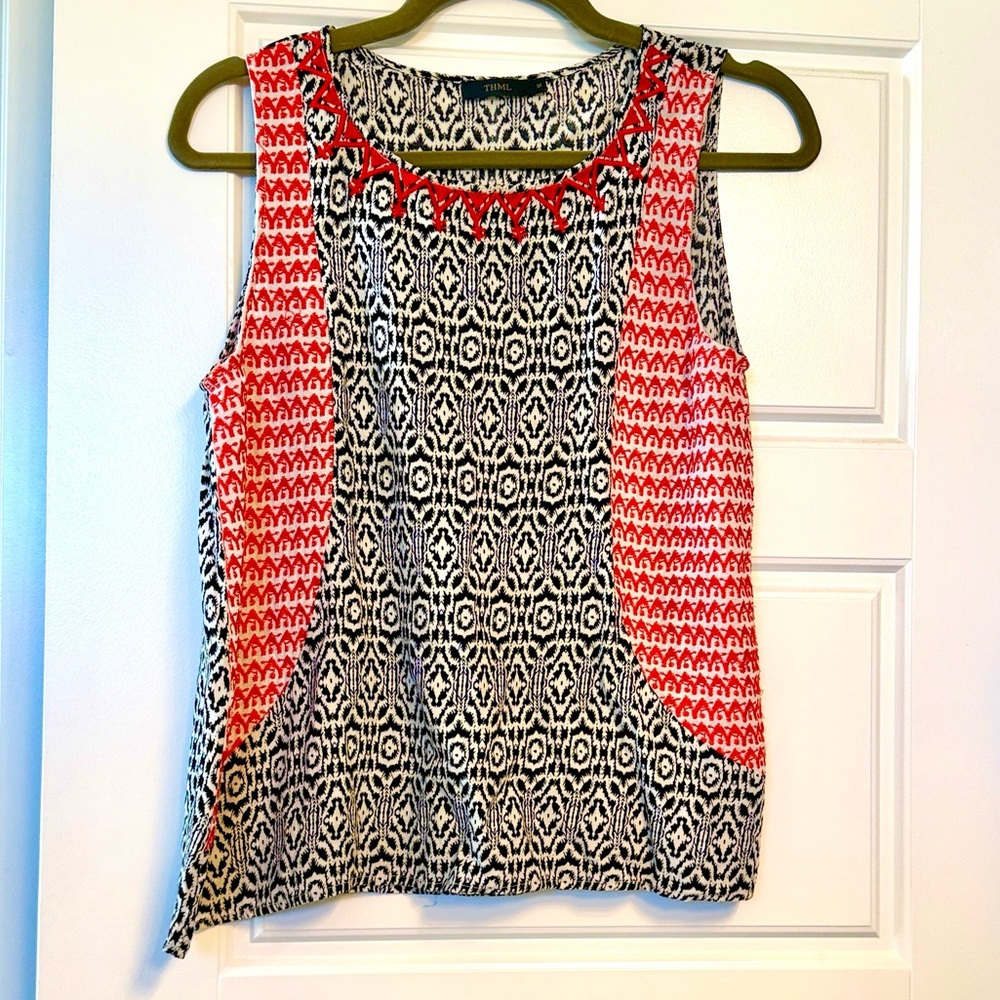 THML Mixed-Print Sleeveless Tank Top in Black and Coral